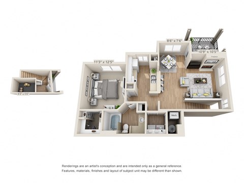 Floor plan for 1 bed, 1 bath, 858 sqft